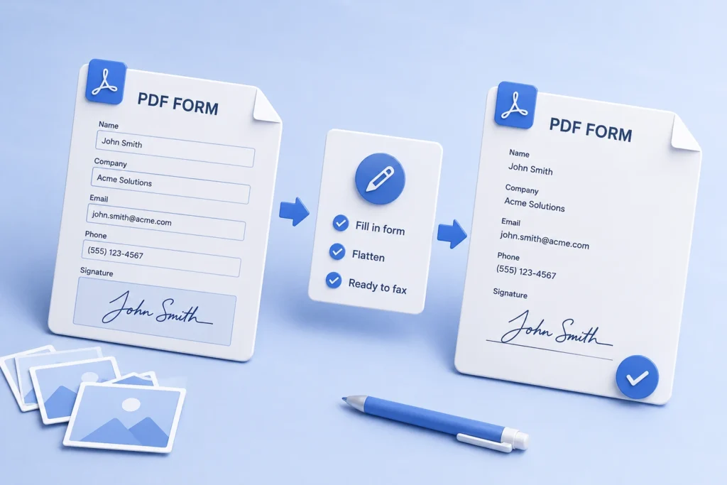 Fillable PDF form being completed and flattened so the entered answers and signature become part of the page before faxing.