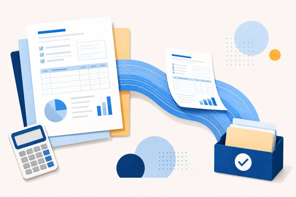 Illustration of tax forms and a calculator with a document flowing into an inbox — faxing Form 4506-C for an IVES transcript request.
