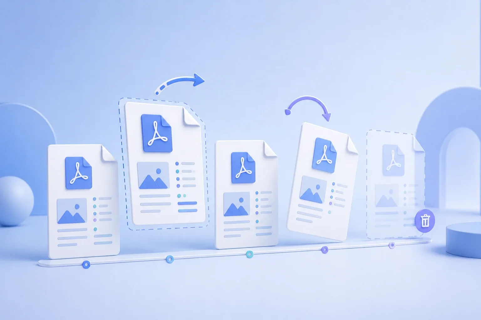 PDF pages being reordered, rotated, and deleted using visual document management controls in a modern blue 3D illustration.