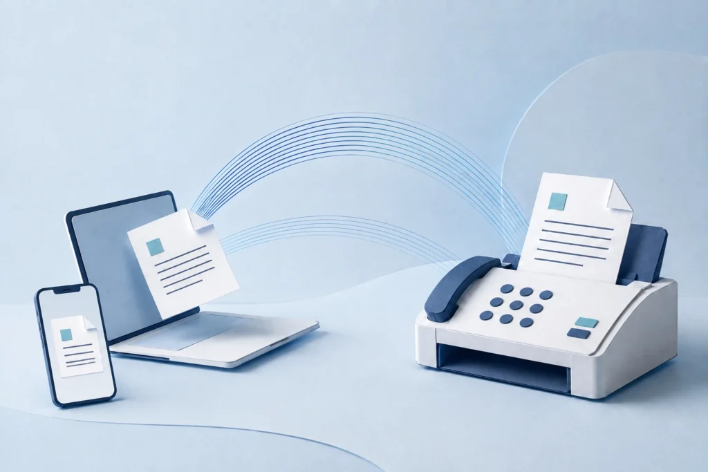 iPhone and laptop sending a document to a fax machine through an online fax connection.
