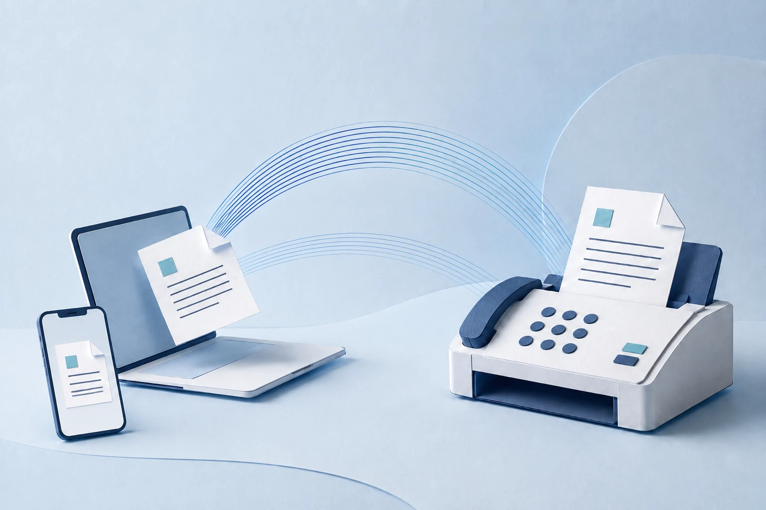 iPhone and laptop sending a document to a fax machine through an online fax connection.
