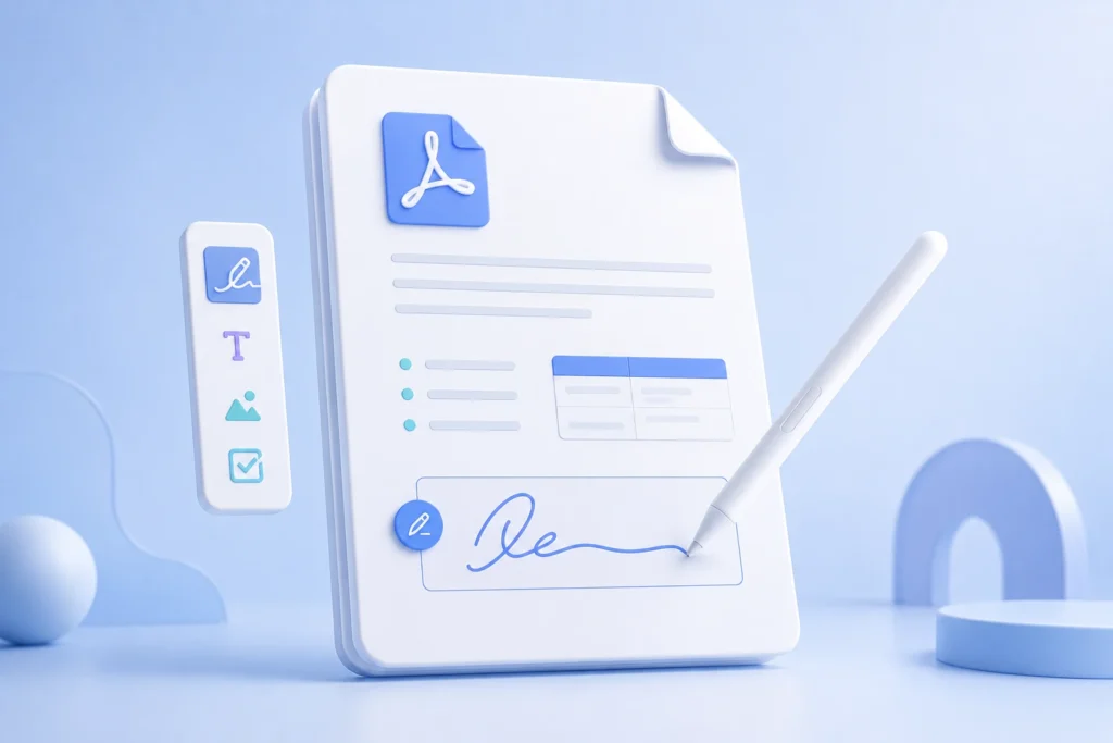 PDF document being signed electronically with a digital pen in a clean blue 3D illustration.